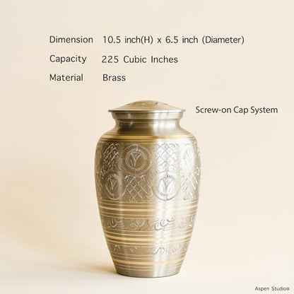 AspenStudio Platinum Brass Cremation Urn for Adult Human Ashes - Large Handcrafted Funeral Memorial Urns Brass Urn Capacity 225 lbs