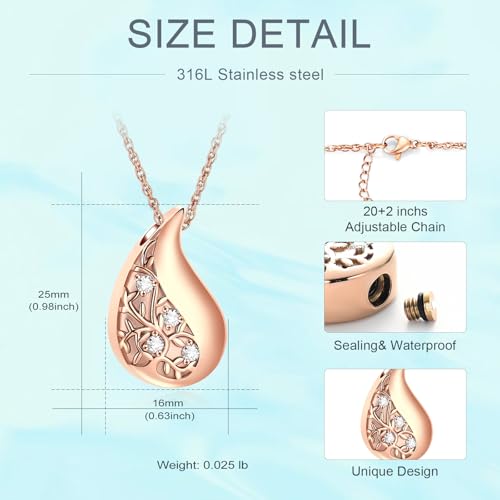 Tree of Life Teardrop Urn Necklace for Ashes Teardrop Crystal Cremation Jewelry Celtic knot Ashes Pendant Stainless Steel Keepsake Memorial Jewelry for Women Men - color: Rosegold