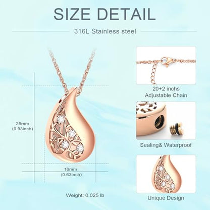 Tree of Life Teardrop Urn Necklace for Ashes Teardrop Crystal Cremation Jewelry Celtic knot Ashes Pendant Stainless Steel Keepsake Memorial Jewelry for Women Men - color: Rosegold