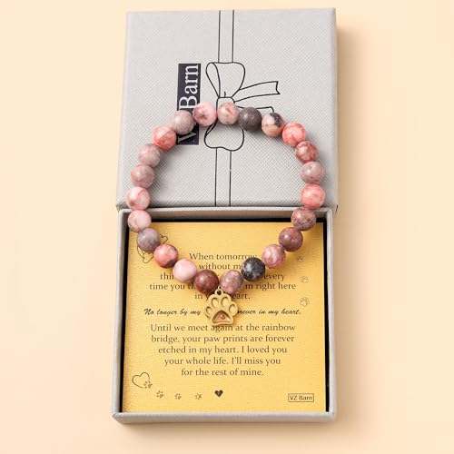 VZBarn Memorial Gifts for Loss of Pet’s Mom Pet Keepsake Dog Cat Paw Charm Natural Stone Bracelet Remembrance Gift for Women - color: Pink Golden