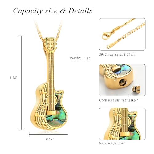 XSMZB Guitar Urn Necklace for Ashes for Women Men Abalone Shell Cremation Jewelry Human Pet Ashes Keepsake Pendant for Guitar Players - color: Gold