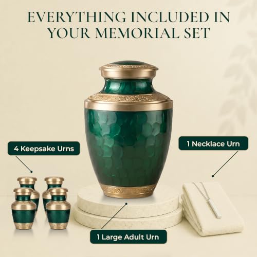 Personalized Gold & Green Cremation Urns for Human Ashes Adult Set of 6 - color: Royal Teal Urn Set - Custom
