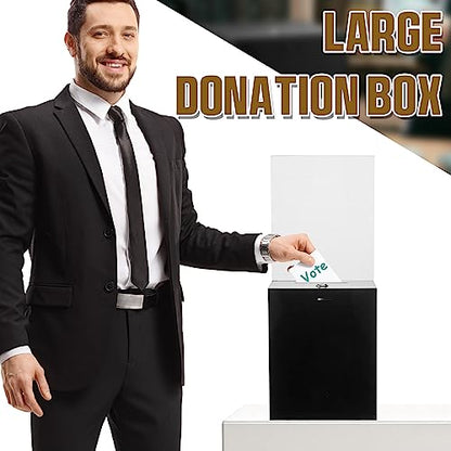 2 Pack Acrylic Donation Box with Lock Tall Tip Jars 8.2 x 6.7 x 5 In Suggestion Ballot Box with Sign Holder Large Locking Raffle Voting Container for Fundraising Ticket Collection(Black)