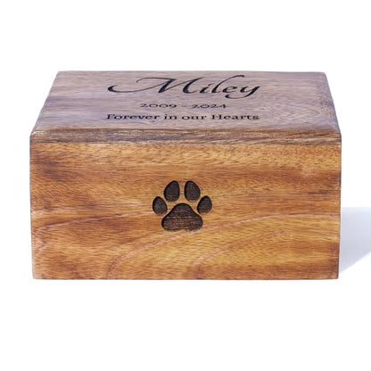 Handcrafted Paw Print Wooden Cremation Urn for Human & Pet Ashes, Memorial Wood Funeral Urn Box for Dogs, Cats & Adults, Male & Female, Burial Keepsake, Custom Sizes Small to XL (40–250 lbs Capacity)