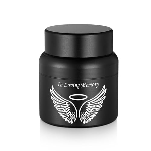 SOITIS Cremation Urn - 2.36 Inch Small Urn for Human Ashes - Elegant Black Aluminum Memorial Keepsake with White Wings Design - Funeral Urn for Ashes, Memorial Keepsake Holder - size: Small