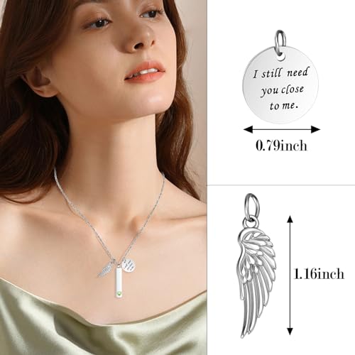 XIUDA Cremation Jewelry for Ashes with Angel Wing Charm Vertical Bar Urn Necklace Stainless Steel Memorial Keepsake Pendant for Women - color: Light Green