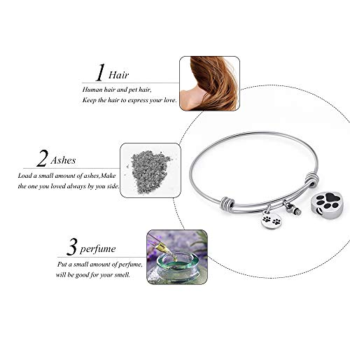 Always in My Heart Expandable cuffCremation Bracelet for Ashes Dog Cat Paw Prints Pet Memorial Urn Jewelry - color: Steel