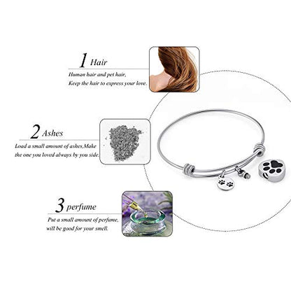Always in My Heart Expandable cuffCremation Bracelet for Ashes Dog Cat Paw Prints Pet Memorial Urn Jewelry - color: Steel