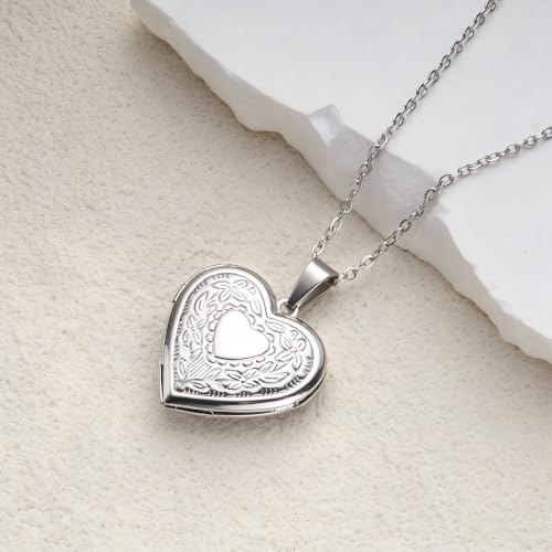 Heart Locket Necklace Pendant Dainty Memorial Keepsake Locket Necklace That Holds Pictures Stainless Steel Heart Photo Box Necklace for Women Lover Mother Father Daughter Son Fashion Jewelry Gifts - color: 01Silver