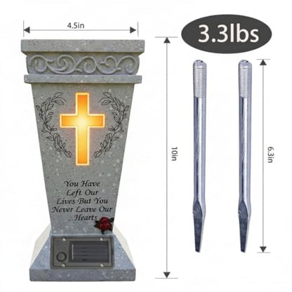 Cemetery Vases for Grave with Solar Light,Cross Flower Holder for Cemetery with Drain Stopper & Ground Spike,Grave Decorations for Cemetery flower holders, Tokens of Sympathy for a Loved One's Passing