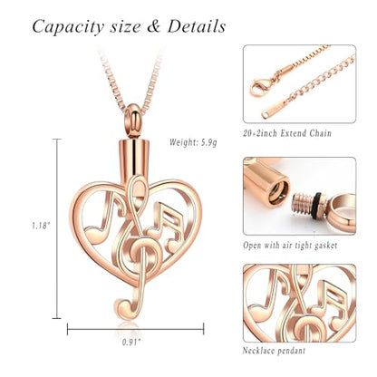 XSMZB Music Note Cremation Urn Necklace for Ashes of Loved One Heart Memorial Locket Hold Ashes Keepsake Pendant for Women Men - color: Rose Gold