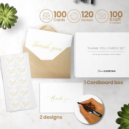 100 Pieces of White With Gold Thank You Cards, Two Thank You Notes Designs, 4x6 Inch Thank You Card, Elegant Thank You Cards Baby Shower, Thank You Cards With Envelopes Bulk with 120 Stickers, Free - color: White With Gold, size: 100 pack
