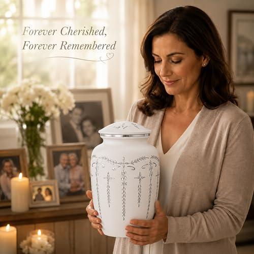 CLEENTABLE Cremation Urn for Human Ashes Adult, 200+ cu in, White Metal | Metal alloy, 11in H x 6.5in W, screw-top lid, 200+ cubic inches, handcrafted, women & men - color: White Silver, size: Classic Silver Vine - 6.5x11"