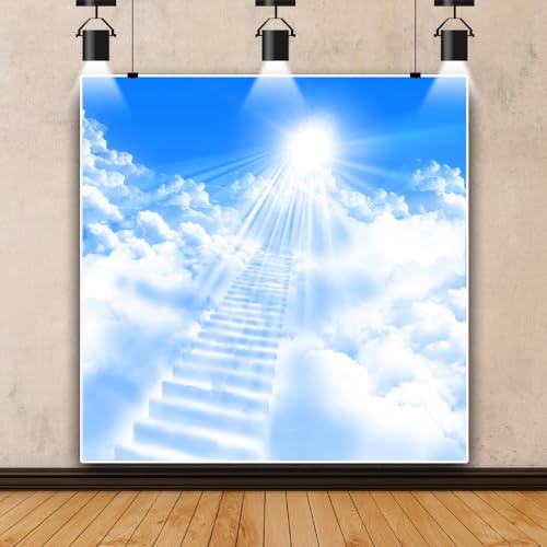 10x10ft Heaven Backdrop Stairs to Heaven Paradise Stairs Holy Light Background for Photography Blue Sky Pure White Clouds Church Events Newborn Kids Baby Shower Baptism Party Portrait Props - color: Blue01, size: 10x10ft