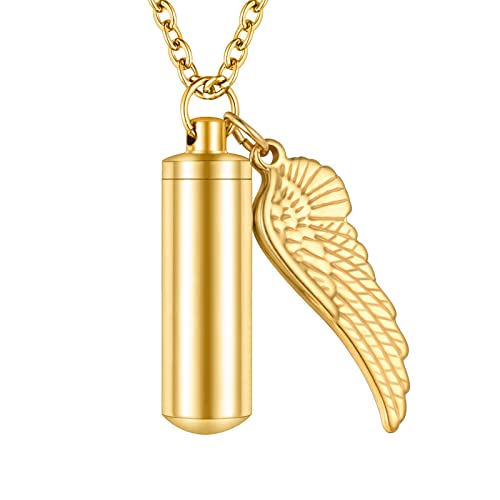 Dletay Cylinder Cremation Urn Necklace for Ashes Memorial Keepsake Pendant with Angel Wing Stainless Steel Remembrance Jewelry - color: Gold-M, style: non-engraving