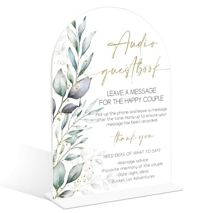 Acrylic Wedding Signs, Greenery Theme Audio Guestbook Sign, Wedding Reception Signage, Bridal Shower Table Decor with Stand, Engagement, Anniversary, Newlywed Events and Parties Supplies, 09 - color: Audio Guestbook Sign, 09