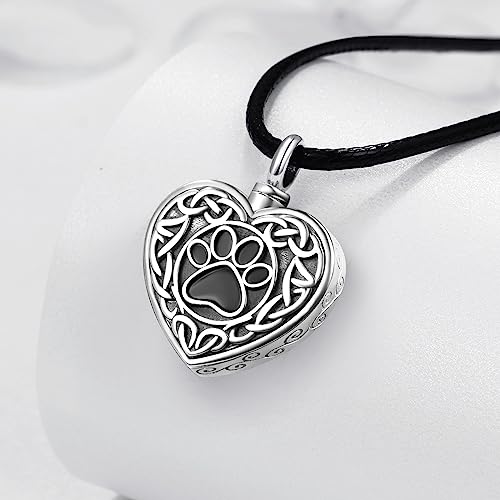 Dreamboat Pet Urn Necklace for Dog Cat Ashes 925 Sterling Silver Paw Print Cremation Keepsake Pendant Celtic Knot Memorial Jewelry Gifts for Women Men - style: 03A-Heart (Silver)