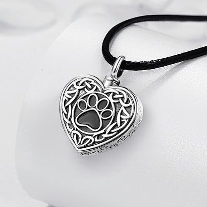 Dreamboat Pet Urn Necklace for Dog Cat Ashes 925 Sterling Silver Paw Print Cremation Keepsake Pendant Celtic Knot Memorial Jewelry Gifts for Women Men - style: 03A-Heart (Silver)
