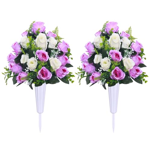 Lodou Artificial Cemetery Flowers,Set of 2 Grave Decorations Roses, Tombstone Memorial Bouquet with Vase for Grave Arrangementss (2, White & Purple) - color: White & Purple