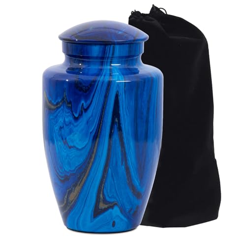 Urn for Ashes Adult Male and Female,Large Aluminum Blue Marble Grain Cremation Urn - color: Blue Marble Finish