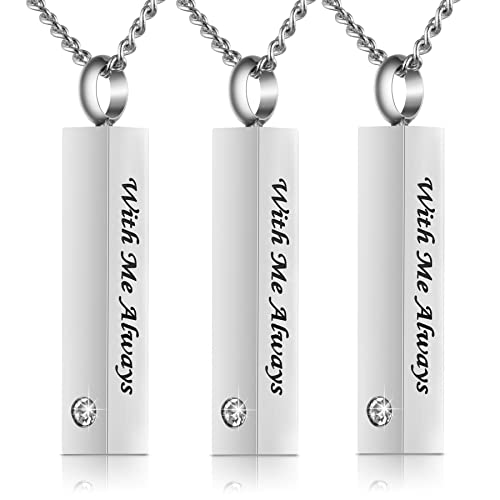 3 Pack Urn Necklace for Ashes Memorial Cremation Jewelry for Ashes, CZ Bar Urn Locket for Ashes Stainless Steel Urns Pendant Keepsake Jewelry with Words: With Me Always & Funnel Kit & Bag - color: Silver