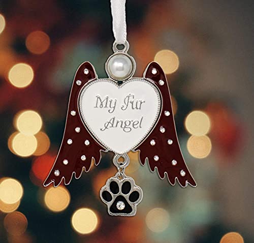 Pet Memorial Ornament Angel Wings with Paw Print Charm, My Fur Angel Engraved Heart, Rhinestone Jeweled Wings Hanging Remembrance Ornament, Dog Cat Loss Sympathy Gift, Pet Memorial Gift