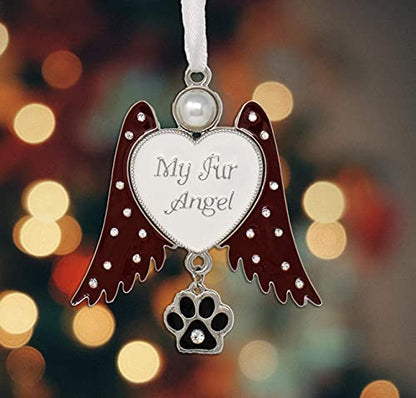 Pet Memorial Ornament Angel Wings with Paw Print Charm, My Fur Angel Engraved Heart, Rhinestone Jeweled Wings Hanging Remembrance Ornament, Dog Cat Loss Sympathy Gift, Pet Memorial Gift