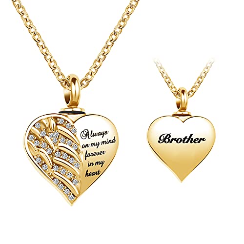 Gold Heart Cremation Jewelry for Mom Papa Sister Ashes Angel Wing Urn Necklace Memorial Keepsake Pendant Jewelry - style: Brother