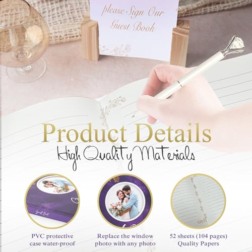 Generic Wedding Guest Book with Polaroid Photo Section, Hardcover Keepsake for Special Memories Includes Guest Sign-in Table Card & Pen, Ideal for Wedding Receptions, Memory Book to Write, Purple