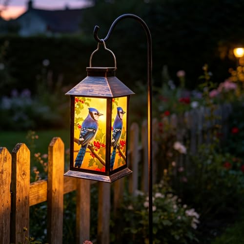 Solar Lanterns Outdoor Hanging Blue Jay Solar Lights Decorative for Garden Patio Porch and Tabletop PVC Waterproof LED Lantern (1pack)… - style: Art Deco
