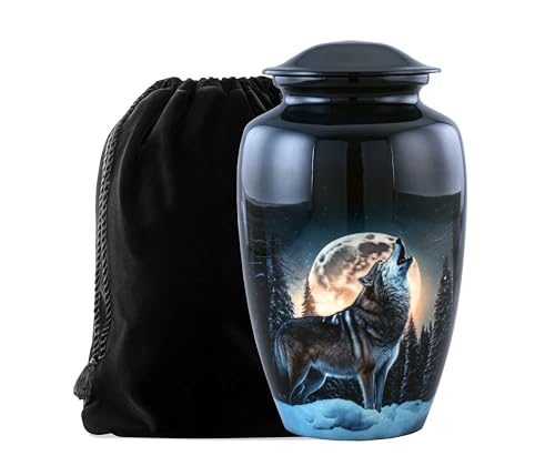 Midnight Wolf Urn with Velvet Bag, Cremation Urns for Human Ashes, Urns for Adult Male & Female, Decorative Funeral Memorial Urns, Wolves Cremation Urn for Ashes - size: Large