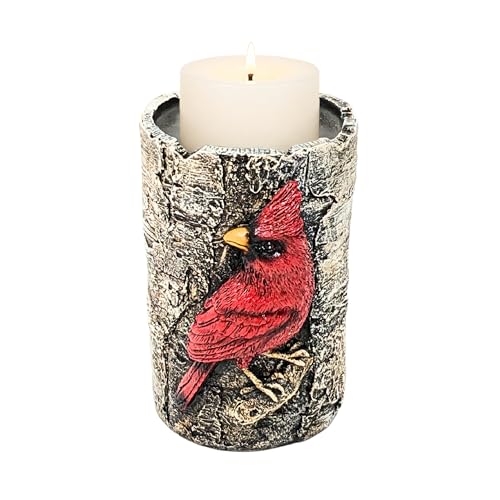 Cardinal Tealight Candle Holder, Faux Birch Resin Wood Decor, Rustic Votive Altar Centerpiece, Outdoor Garden or House Accent, Unique Bird Lover Unique Gifts for Women, Grandma & Mother in Law