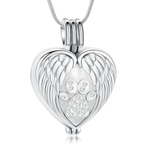 zeqingjw Pet Cremation Jewelry for Ashes Pendant Paw Print Pet Heart Urn Necklace Memorial Keepsake Jewelry for Pet/Dog's/Cat's Ashes - color: Wing Heart-Silver