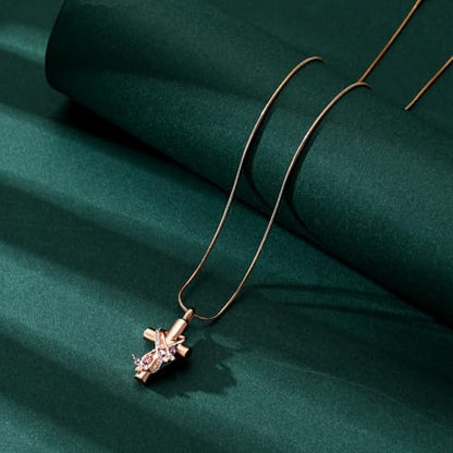 Butterfly Cross Cremation Jewelry Urn Necklaces Stainless Steel Cross Urn Necklaces for Ashes Memorial Keepsake Pendant for Women Gifts With Funnel Kit & Bag - color: Rose+Purple