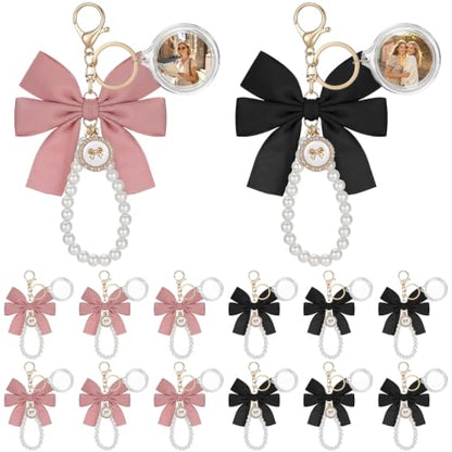 12 Pack Braid/Bow/Pearl Photo Frame Keychain Bulk | Braid/Bow/Pearl Keychain Bulk, Blank Photo Frame Keychain, DIY Charms Gift, Wedding Bridal Party Favor - style: Bow