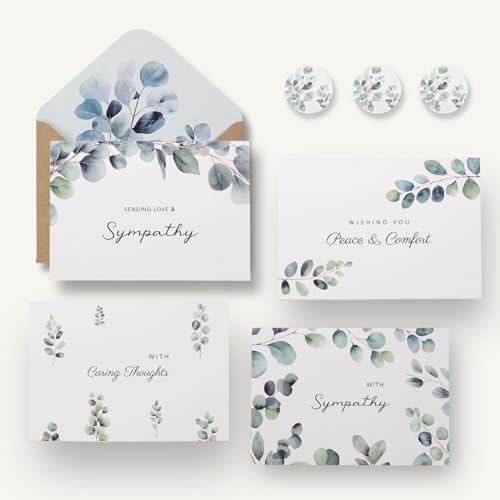 Sympathy Cards with Envelopes, Sympathy Cards, 24 Pack with Thoughtful Messages, 4 Designs Condolences Card Assortment Boxed with Kraft Envelopes, Bereavement Cards Bulk, Greenery Eucalyptus