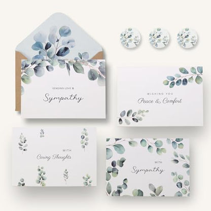 Sympathy Cards with Envelopes, Sympathy Cards, 24 Pack with Thoughtful Messages, 4 Designs Condolences Card Assortment Boxed with Kraft Envelopes, Bereavement Cards Bulk, Greenery Eucalyptus