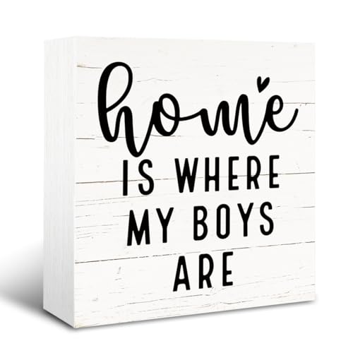 Home Signs Decor, Wooden Box Sign Decorative, Living Room Decors for Shelf, Family Room Decors, Desk Decor Art, Mother's Day Gift for Boys Mom, Home is Where My Boys Are Sign, 5×5×1.2inches - color: color03