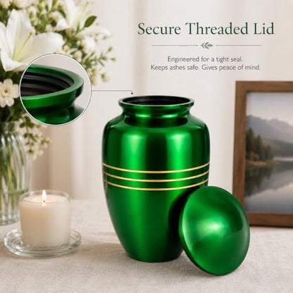 CLEENTABLE Metal Cremation Urn for Human Ashes, Extra Large, Green - color: Green, size: Classic Three-Band - 6.5x11"