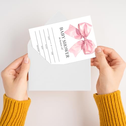 Pink Bow Baby Shower Invitations for Girls, Baby Announcement Invite Cards,25 Sets of Fill-in Baby Shower Invite with Envelopes, Gender Reveal Party Supplies -B02 - color: Pink Bow-01