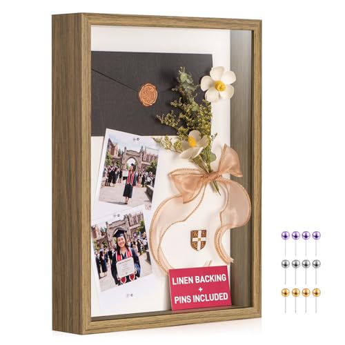 12x16 Large Shadow Box Frame with Thickened Acrylic Panel & Pins | With Push Pins, Deep 1.7" Brown Shadow Box Display Case – Display on Tabletop or Wall for Jersey, T-shirt, Keepsake, Wedding - color: Brown+high Definition Panel + Shatter-proof Packaging,