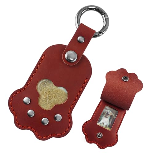 Pet Memorial Keychain,Dog Hair Handmade Full Grain Leather Paw Shape Keychain for Dog Cat Hair Keepsake, Holds Fur & Photo, Personalized Memorial Gift for Pet Loss (Burgundy) - color: Burgundy Red