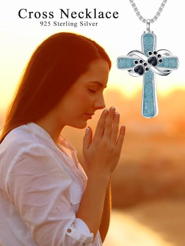 Turquoise Cross Urn Necklaces for Human Ashes 925 Sterling Silver Urn Necklaces Cremation Keepsake Memorial Pendant Necklace for Ashes for Loved One Human Pet - style: Paw Print&Black-Text&photo