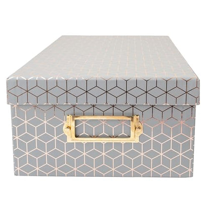 American Crafts Photo Keepsake Box with Lid, Gray Geo with Rose Gold Foil, 11x7.4x4.3, Decorative Photo Storage & Memory Box