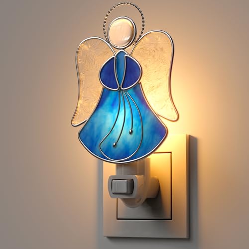 Stained Glass Blue Guardian Angel Night Lights Plug into Wall - color: Blue Angel