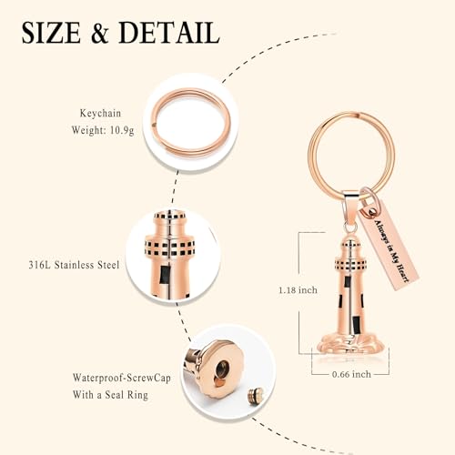 Oinsi Urn Necklace for Ashes Men's Cremation Jewelry Lighthouse Memorial Urn Necklace For Loves One Ashes Holder with Filling Kits - color: Rose Gold (Keychain)