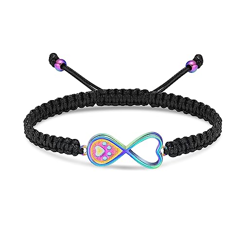 Infinity Heart Urn Bracelet for Ashes Paw Print Cremation Jewelry Stainless Steel Adjustable Braided Rope Bangle Bracelets Keepsake Memorial Jewelry for Loved Ones with Fill Tool - color: Rainbow