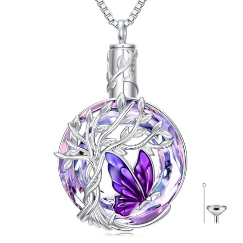 TOUPOP Butterfly Necklace for Women 925 Sterling Silver Tree of Life Butterflies Dragonfly Hummingbird Pendant Necklaces Crystal Jewelry Anniversary Christmas Birthday Gift for Her - color: Butterfly Purple - Urn