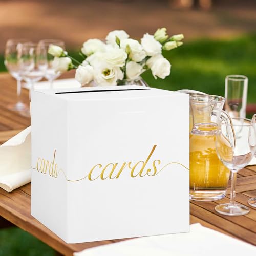 White Card Box Gold Foil Wedding Favors Gift Card Boxes Post Box Receiving Money Box Holder for Wedding Reception, Baby Showers, Anniversary, Birthday Party, Retirement, Graduation Envelope Holder - color: White and Gold
