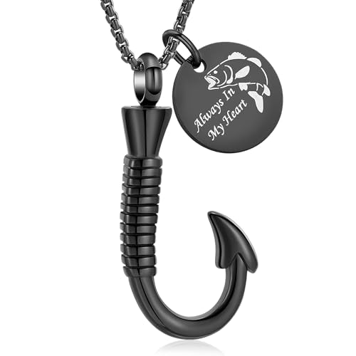 Oinsi Fishing Hook Urn Necklace for Ashes Fish Cremation Jewelry Memorial Ashes Keepsake Stainless Steel Urn Keychain for Men - color: Black (Always In My Heart)